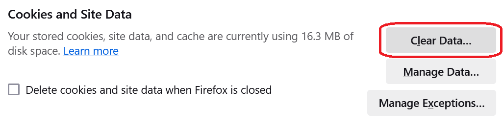 The Cookies and Site Data section in Firefox settings