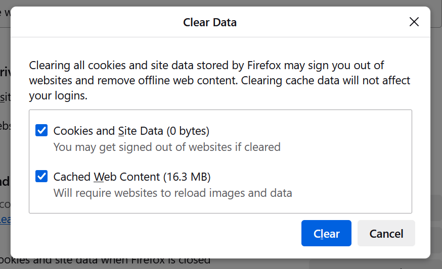 The Clear Data dialog in Firefox