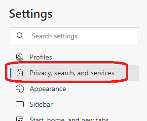 The Privacy, search, and services menu in Microsoft Edge settings