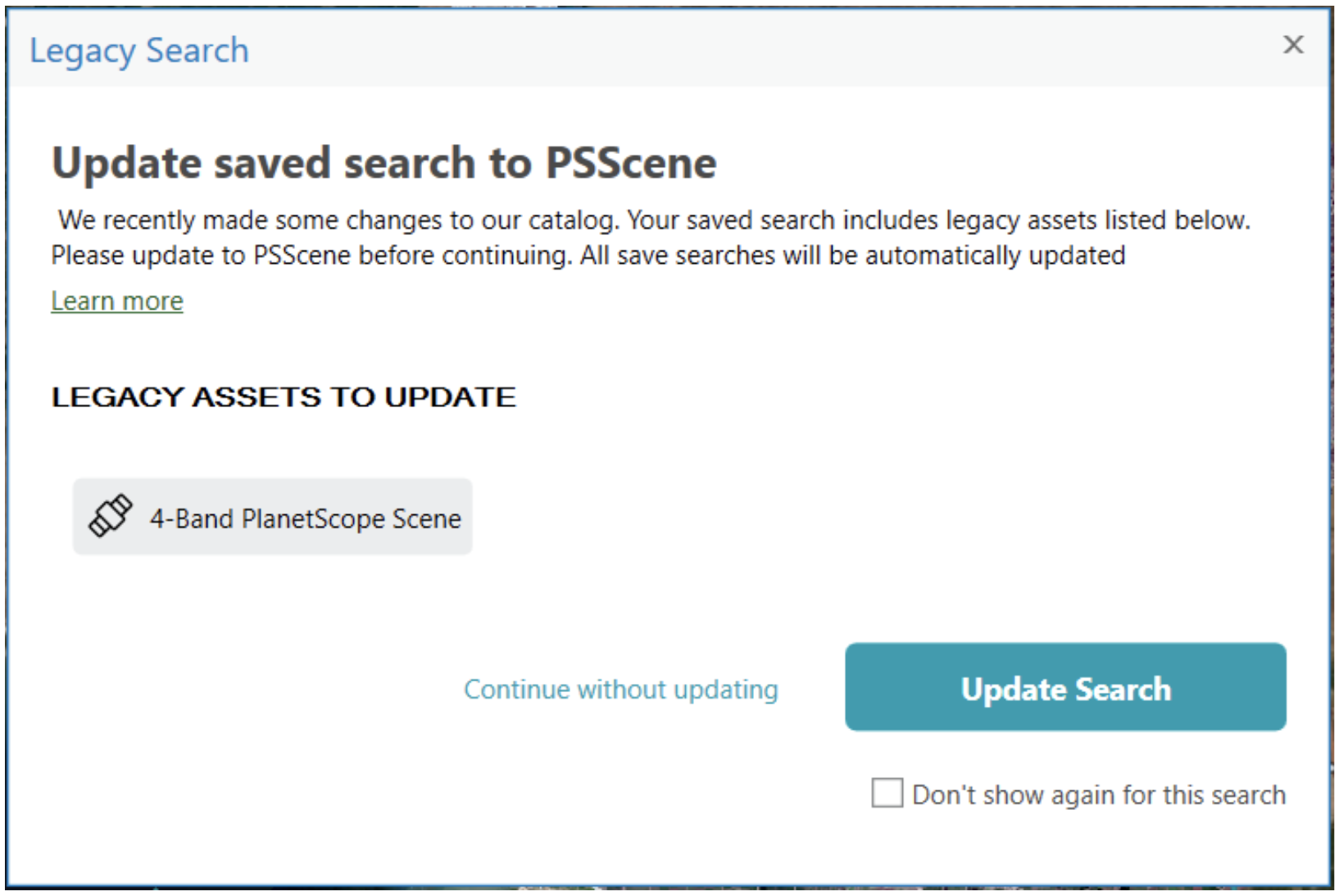 Prompt to update a legacy saved search