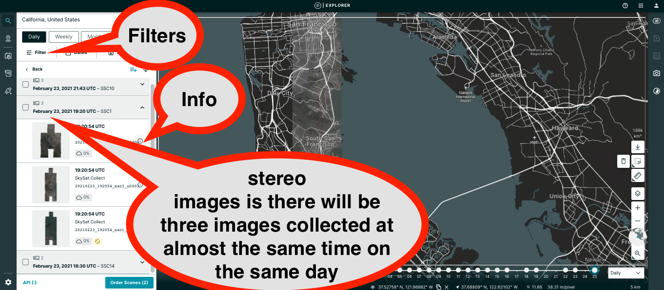 Screenshot showing off-nadir angle information in Planet Explorer