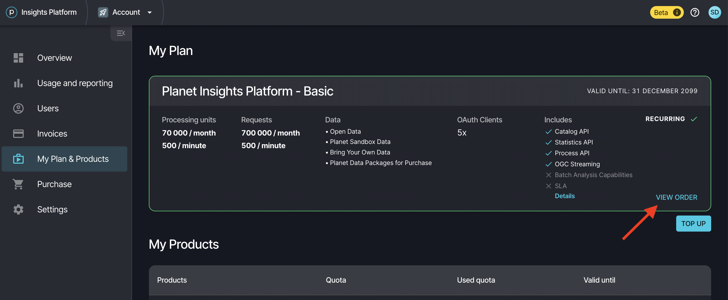The View order link on the subscription page