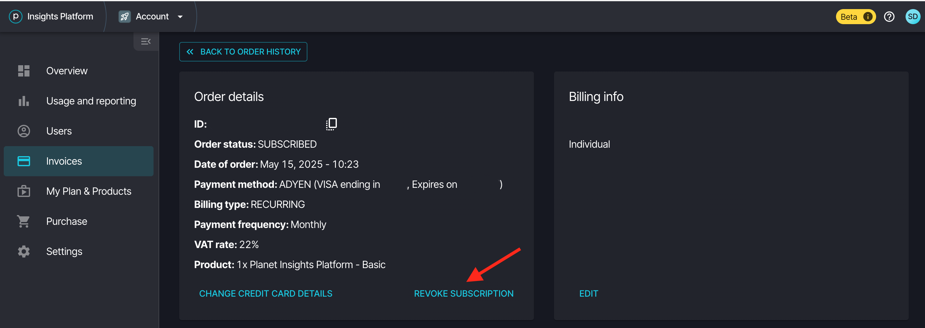 The Revoke subscription link on the subscription page
