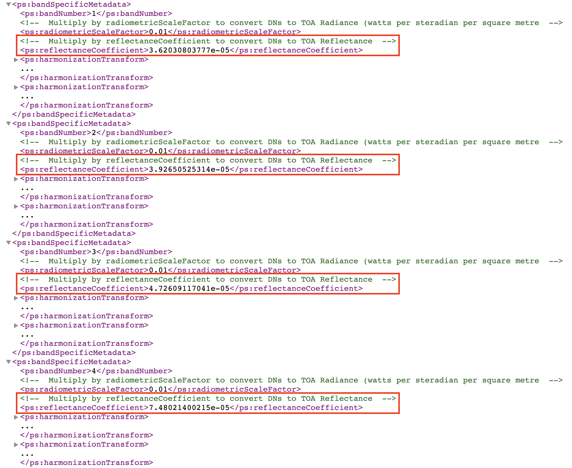 Reflectance coefficients in the metadata file