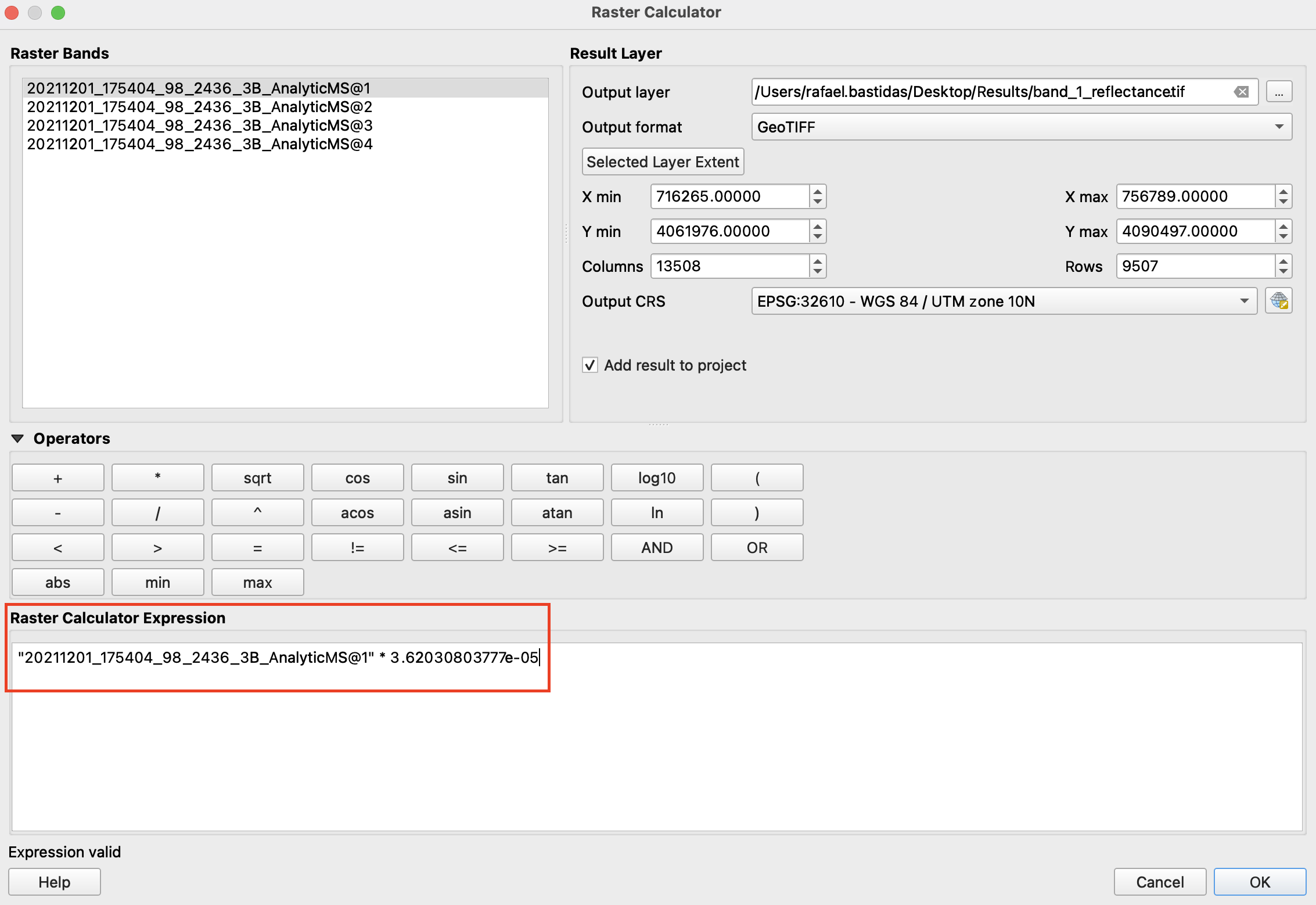 Raster Calculator expression for band 1