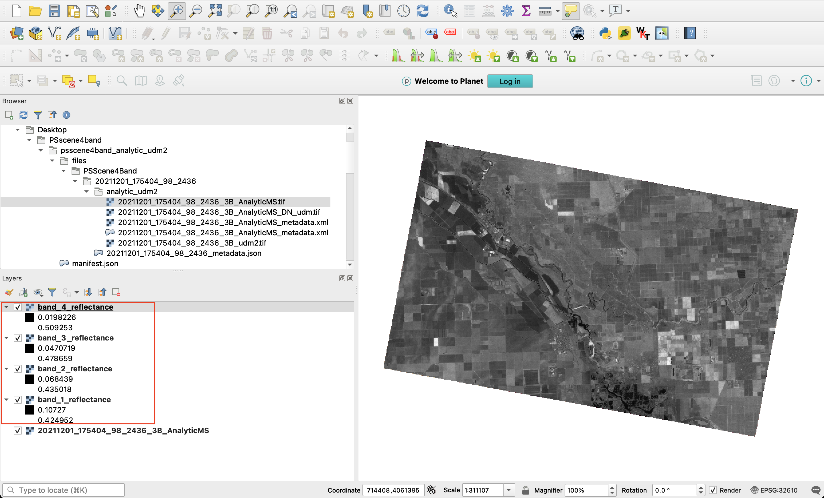 Resulting reflectance raster in QGIS