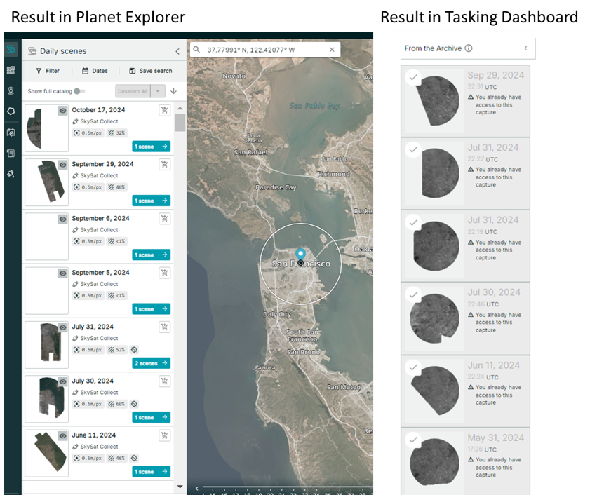Comparison of point-search image results in Planet Explorer and the Tasking Dashboard