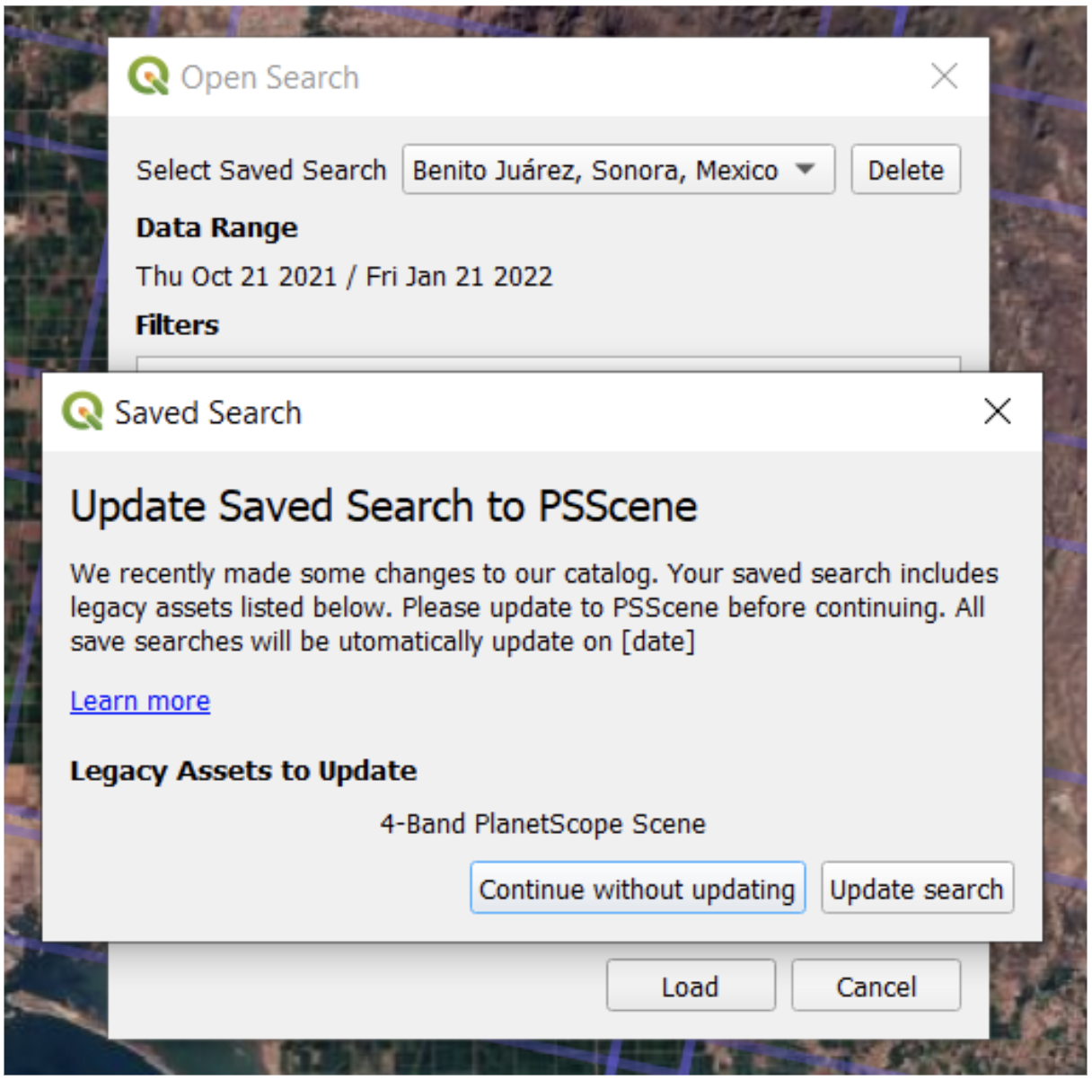 Prompt to update a legacy saved search