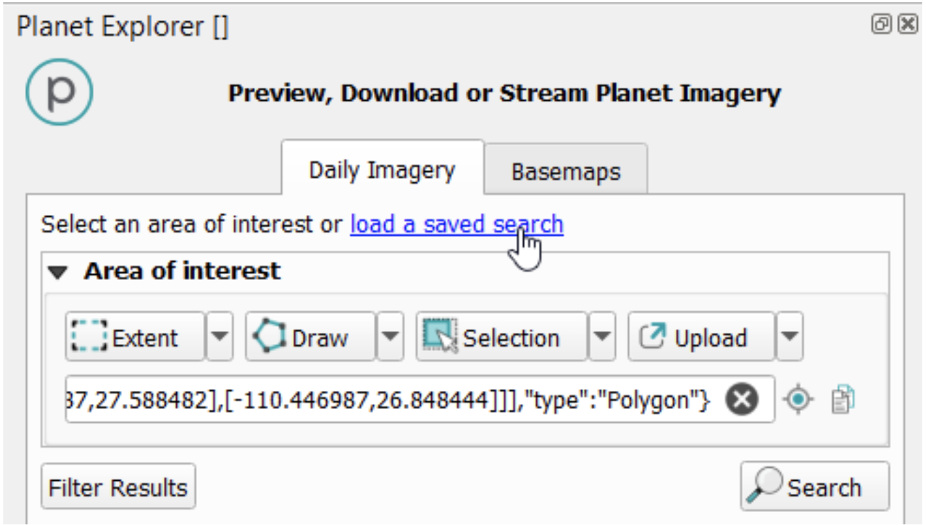 The Load a saved search option at the top of the search pane