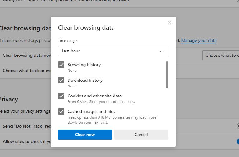 Selecting Cached images and files in Microsoft Edge